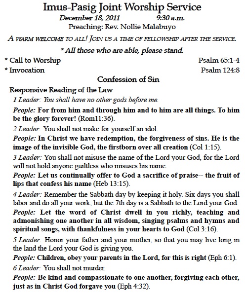 Liturgy for Joint Imus-Pasig Service December 18, 2011